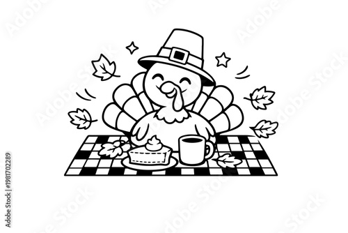 Cute cartoon turkey wearing a pilgrim hat, sitting at a table with a slice of pie and a mug of coffee, surrounded by falling autumn leaves, perfect for Thanksgiving