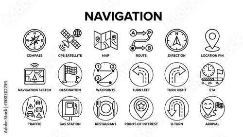 Navigation icons set including compass GPS satellite map route direction and location pin for travel and transportation icone set