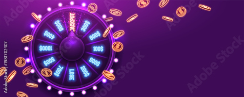 Neon wheel of fortune with coins. Spinning lucky roulette. Jackpot and big win concept. Vector illustration.