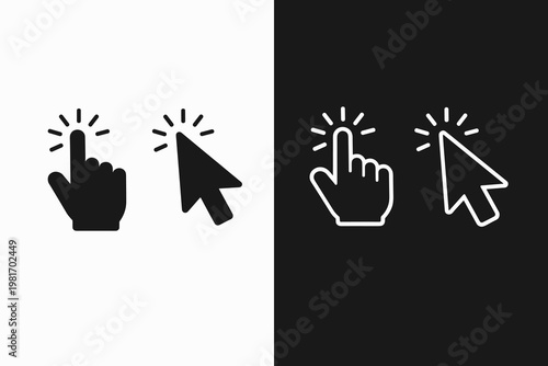 Digital pointer and hand cursor click icons for interactive web design, app interfaces, and modern user experience with visual feedback