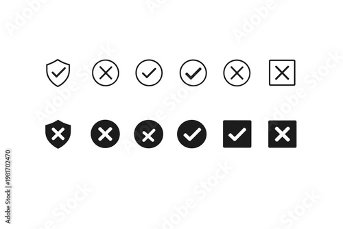 Versatile vector icon set featuring approval checkmarks, rejection crosses, and security shield symbols for modern UI/UX design, digital interfaces