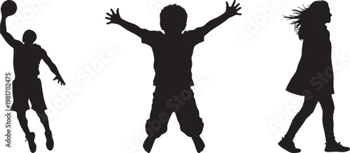 Silhouettes of happy children playing and jumping outdoors in black against a white background with energetic movements.