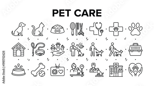 Pet care and accessories line icons set including dogs cats food bowls grooming tools veterinary care and pet hotels  essential elements for pet owners and animal lovers icone set