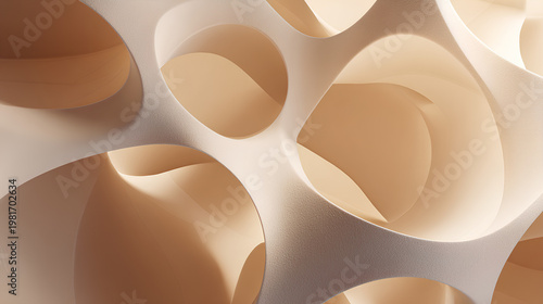 Abstract cell structure with soft organic shapes on beige background showcasing layered forms and minimal biotech aesthetic in modern design
