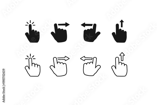 Set of 8 digital touch screen gesture icons representing various interactive hand signals for user interface navigation and control