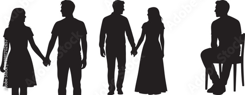 Silhouettes of couples holding hands and a man sitting alone on a chair in a white background