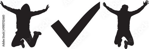 Silhouettes of two joyful people jumping with a large checkmark on a white background, symbolizing success and happiness.