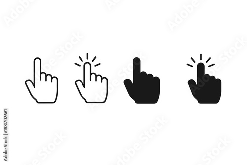 Set of four hand cursor icons indicating a click or selection action on a digital interface, presented in outline and solid styles