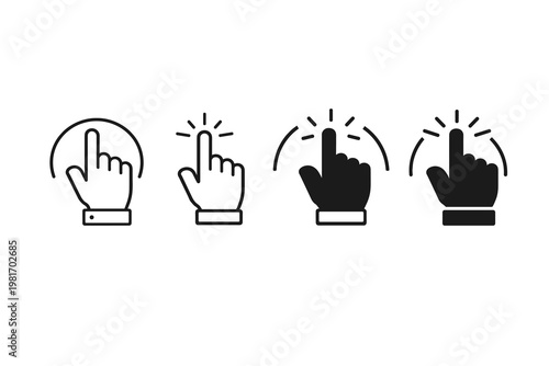 Set of Hand Pointer Icons with Different Styles, Including Outline, Filled, and Shadowed Designs for Digital Interaction