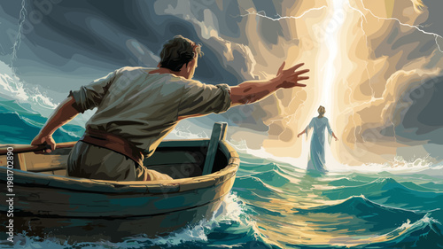 A person in a boat on a raging sea reaches out to a bright figure walking on water, dramatic lightning illuminating the dangerous storm