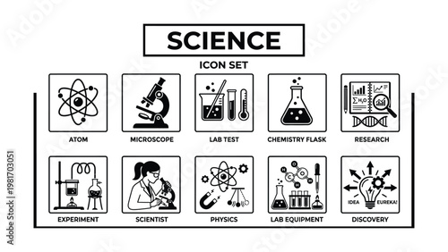 Science icon set with various scientific symbols and equipment for educational and research purposes in a graphic design icone set