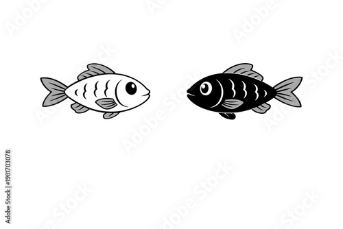 Two contrasting fish, one light and detailed, the other dark and silhouetted, representing duality and different perspectives on a pure white background