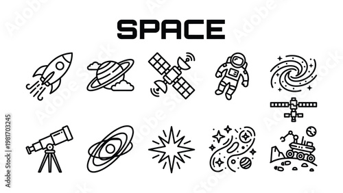 Space icons including rocket planet satellite astronaut telescope star galaxy and rover on white background icone set