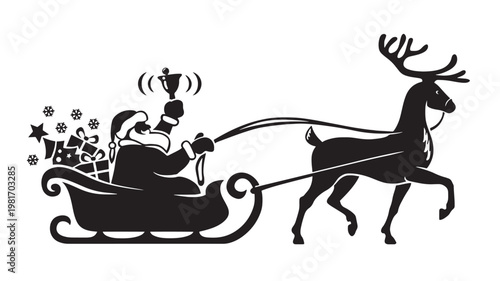 Santa Claus riding a sleigh with reindeer carrying gifts in winter night vector silhouette featuring Christmas, holiday, gift boxes with black and