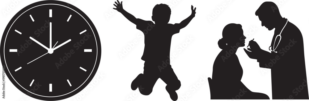 Fototapeta premium Silhouette of happy family with child jumping, doctor consulting, and clock on white background, symbolizing joyful moments and health