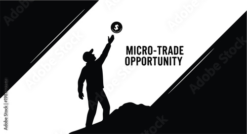 Businessman reaches toward a floating coin symbol on a steep slope to represent micro-trade opportunities and the ambitious pursuit of financial success in modern digital investment markets.