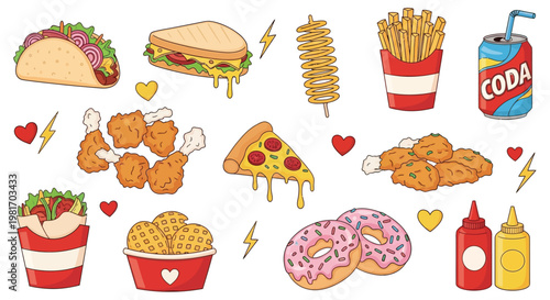 A vibrant collection of cartoon fast food items including pizza, fries, tacos, chicken, donuts, and soda, with decorative hearts and lightning bolts.