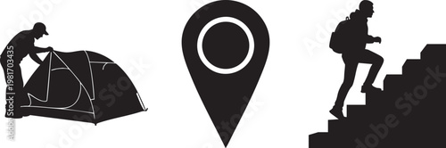 Adventure and travel concept with silhouettes of campers and hikers on a white background with a location pin
