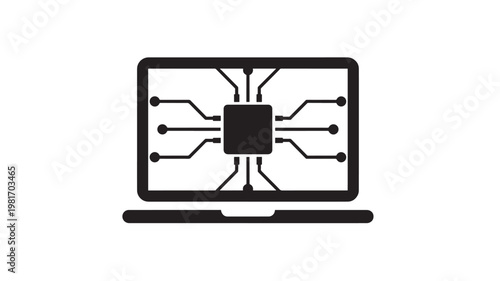 Computer motherboard icon with circuit lines and central microchip design for technology and hardware concepts