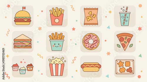 A collection of cute cartoon fast food and snack icons including burgers, fries, pizza, donuts, hot dogs, popcorn, and drinks on a light background.