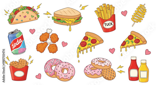 A vibrant collection of cartoon fast food items including tacos, pizza, fries, soda, donuts, and fried chicken, with hearts and sparkles.