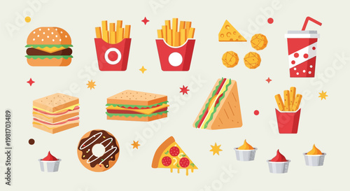 A vibrant collection of popular fast food items including burgers, fries, sandwiches, pizza, and donuts, with drinks and condiments.