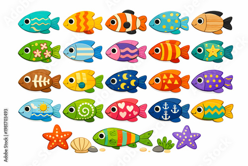 Collection of adorable and colorful cartoon fish, starfish, and seashells illustrating marine life in a whimsical underwater scene perfect for children's books and educational materials