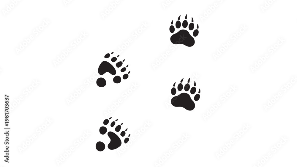 Fototapeta premium Paw print icons set with black animal footprints and scattered paw marks for playful branding design