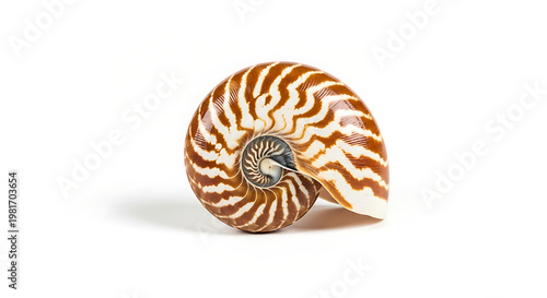 Close up of a nautilus shell with its intricate spiral pattern and warm brown coloration
