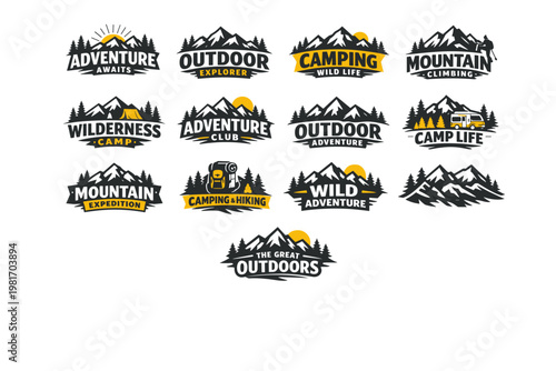 Vintage-style outdoor adventure badge collection, perfect for mountain exploration, camping, and wilderness expeditions designs