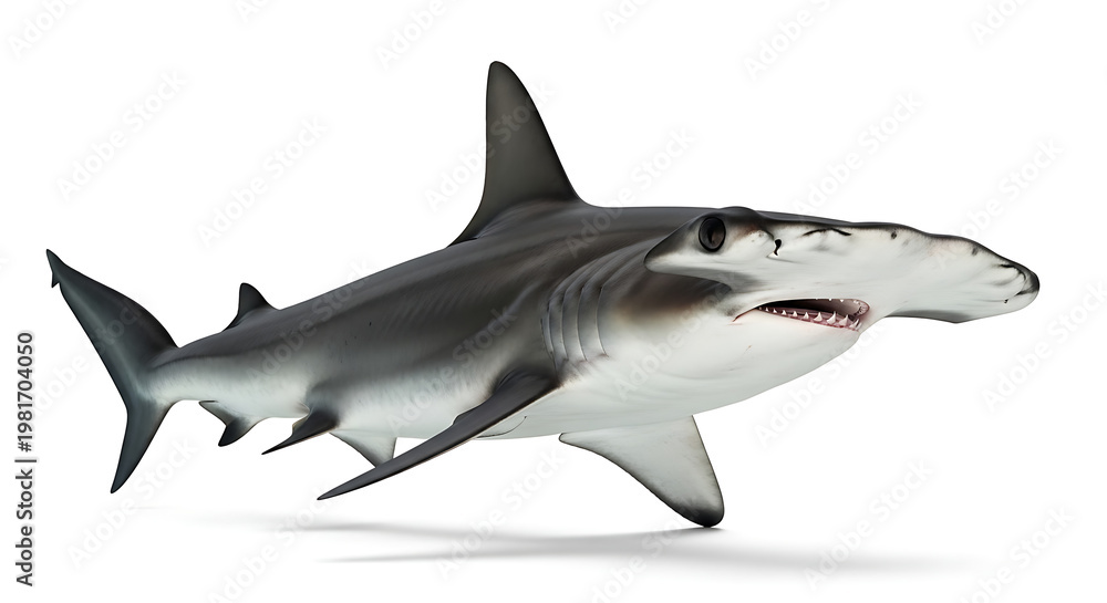 Fototapeta premium Detailed 3D render of a magnificent hammerhead shark, a powerful ocean predator, isolated on white