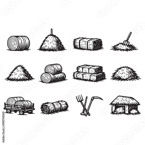 Agricultural hay and straw icons vector