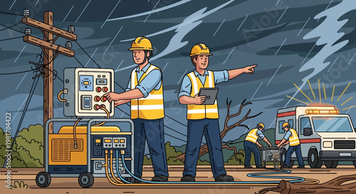 Electricians working during storm, emergency power restoration, utility repair team