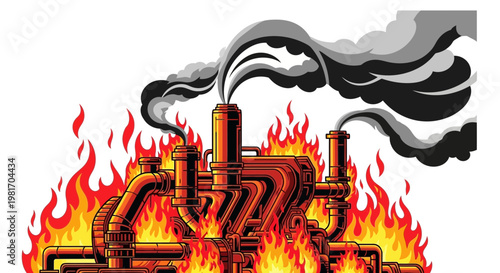 Industrial factory on fire with smoke and flames, concept of pollution, disaster, or crisis