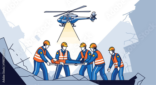 Rescue helicopter evacuates injured person from disaster rubble with emergency team