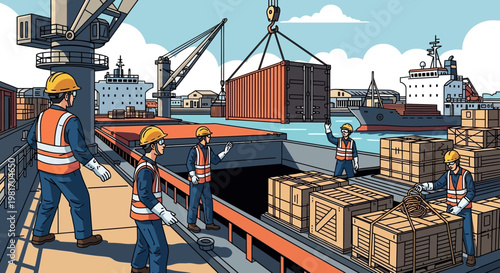 Seaport workers loading cargo ship with containers and boxes, maritime logistics