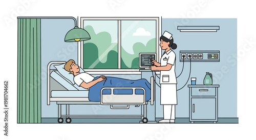 Nurse Monitors Patient in Hospital Room with Window View