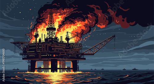 Oil Rig Fire Disaster at Night, Offshore Platform Inferno, Ocean Emergency