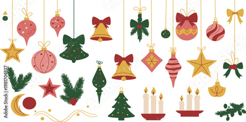 Colorful christmas ornaments and decorations hanging on strings festive holiday scene with trees bells stars and candles