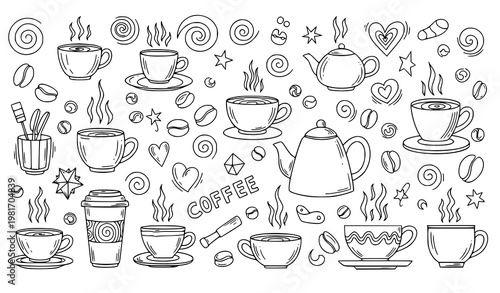 Coffee shop doodle line drawing collection cups beans cafe vector illustration
