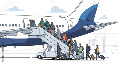 Passengers boarding airplane via airstairs at airport terminal, travel concept