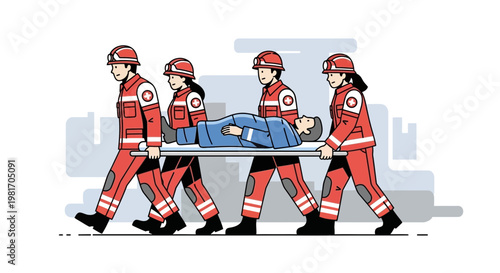 Emergency Medical Team Carries Patient on Stretcher, Rescue Operation Vector Illustration