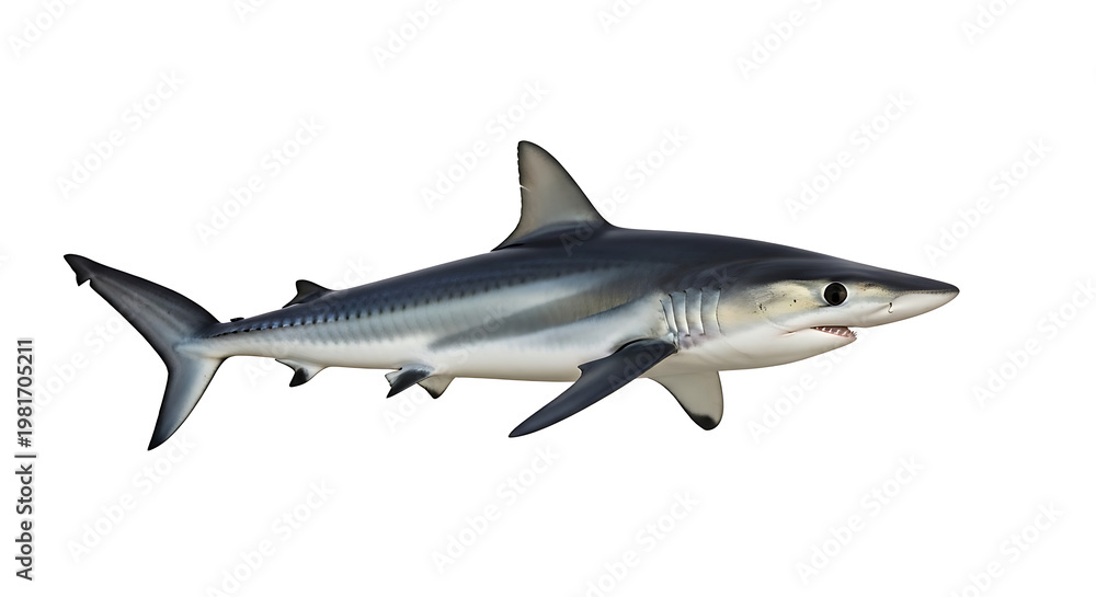 Obraz premium Powerful predatory marine shark with sleek, streamlined body isolated on a clean white background