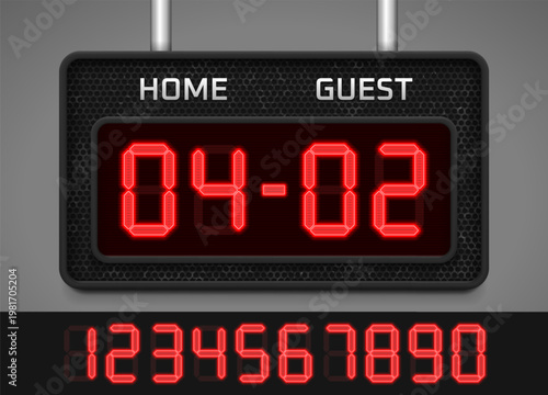 Sports scoreboard with digital glowing numbers. Scoreboard for sports events, alarm timers and countdowns. Vector illustration.