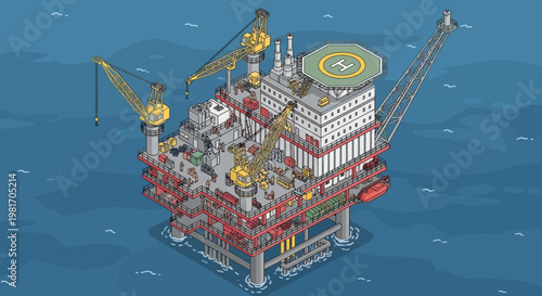 Offshore Oil Rig Platform in the Ocean, Industrial Energy Production, Isometric View