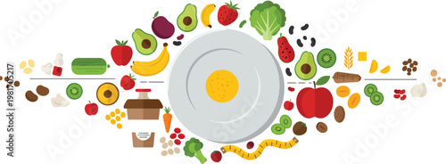 Colorful illustration of a fried egg surrounded by various healthy foods in a circular pattern on white background