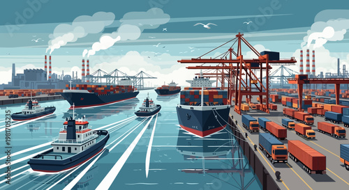Busy Harbor with Cargo Ships, Cranes, and Trucks - Industrial Seaport Logistics
