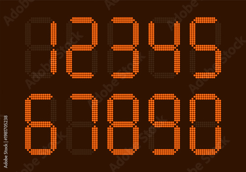 Digital glowing numbers. Orange LCD figures for a electronic devices, clocks, calculators, and scoreboard interfaces. Vector illustration.