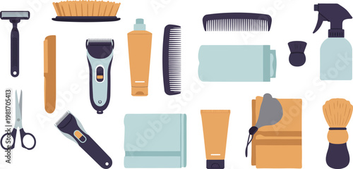 Collection of various grooming tools and accessories for men and pets on white background
