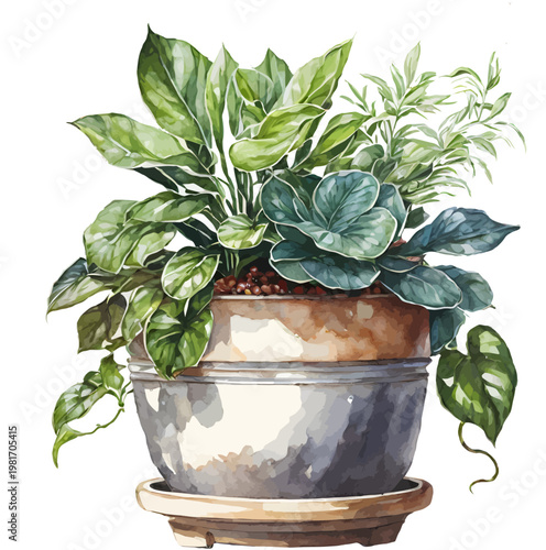 Watercolor Indoor Houseplant Arrangement with Green Foliage in Rustic Ceramic Pot Clipart
